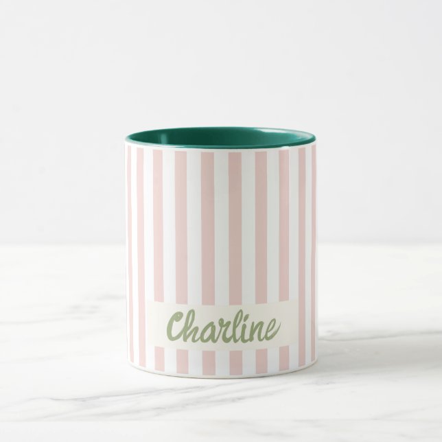 Pastel rayé rose Retro Nom Customisé Mug (Centre)