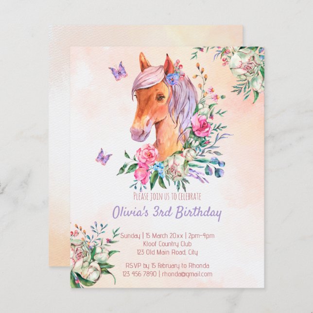 Pastel rose bébé cheval budget anniversaire (Devant / Derrière)