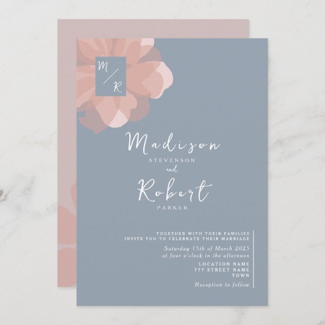 Pastel Rose Dusty Blue Floral Faire-part de mariag (Devant / Derrière)