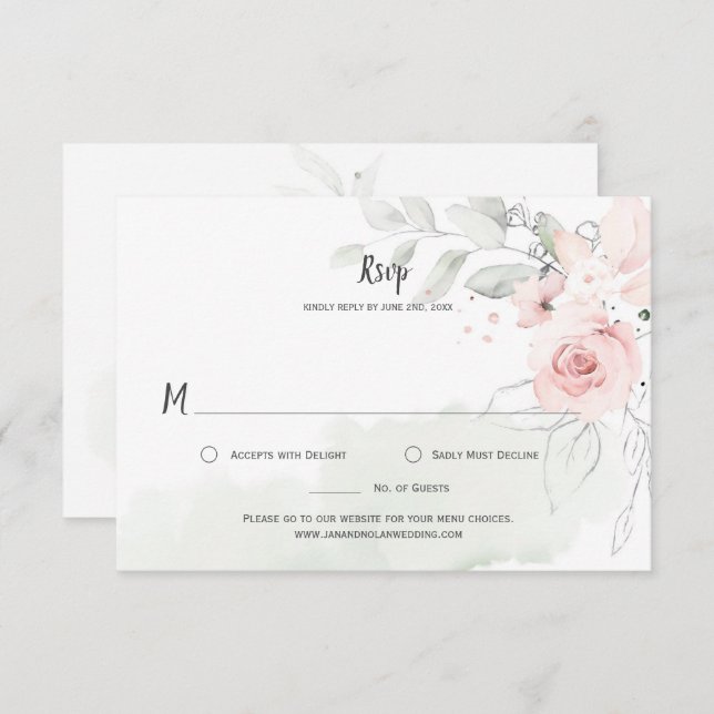 Pastel Rose Roses Pale Vert Feuilles Floral RSVP (Devant / Derrière)