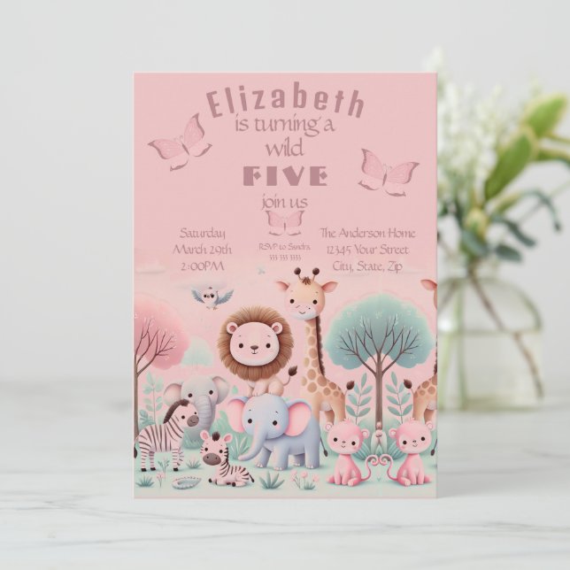 Pastel Safari Invitation d'anniversaire pour fille (Debout devant)