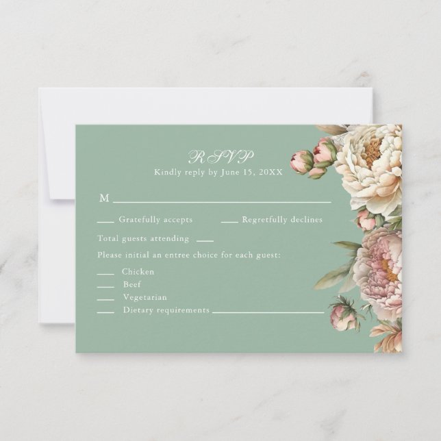 Pastel Sage Green and Blush Pink Peonies RSVP Card (Devant)