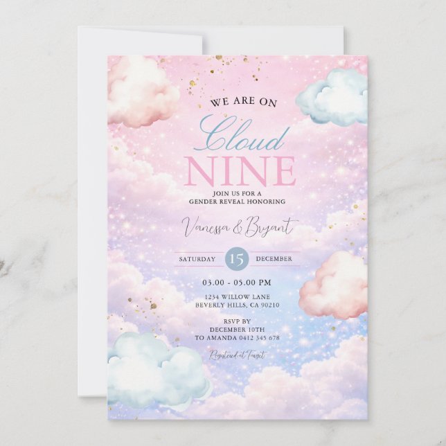 Pastel Sky Cloud Nine Gender Reveal Invitation (Devant)