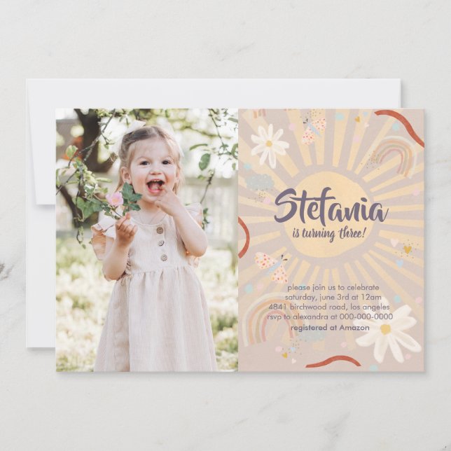 Pastel Sun Pink Birthday Photo Girl Invitation (Devant)