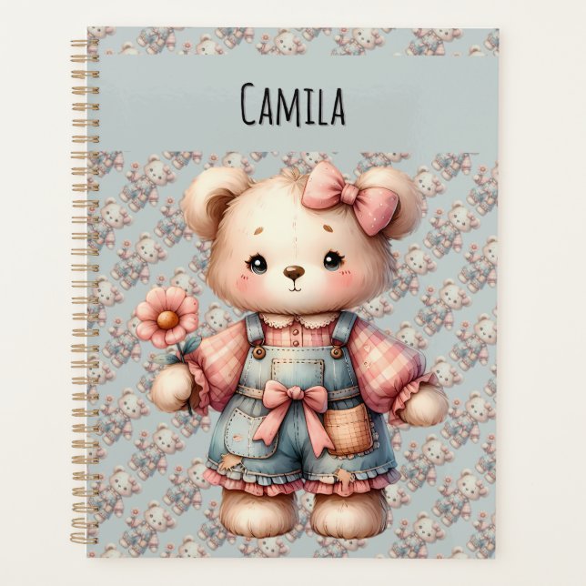 Pastel Teddy Bear Holding Flower Wear Overalls (Devant)