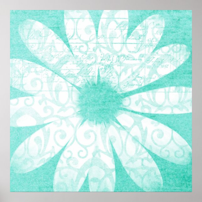 Pastel turquoise bleu blanc artsy poster de fleur  (Devant)