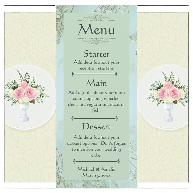 Pastel Turquoise Fleurs blanches Menu Mariage (Créateur téléchargé)