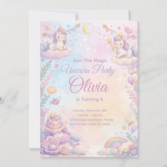Pastel Unicorn Birthday Invitation Editable (Devant)