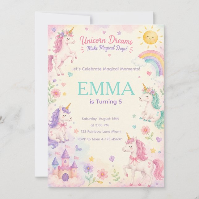 Pastel Unicorn Birthday Invitation Template (Devant)
