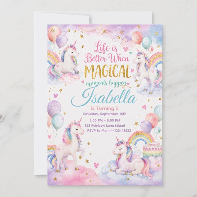 Pastel Unicorn Birthday Invitation Template Cool (Devant)