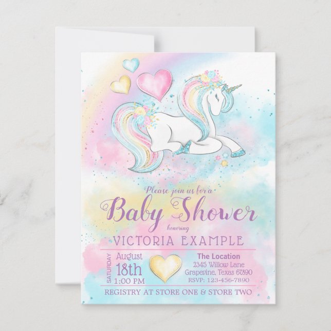 Pastel Unicorn Rainbow Girl Baby shower Invitation (Devant)