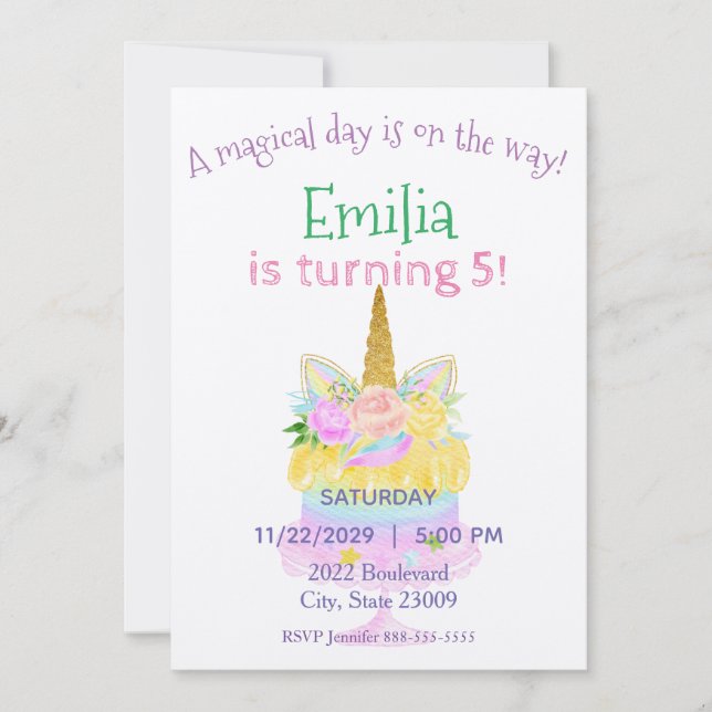 Pastel Unicorn Rainbow Invitation d'anniversaire (Devant)