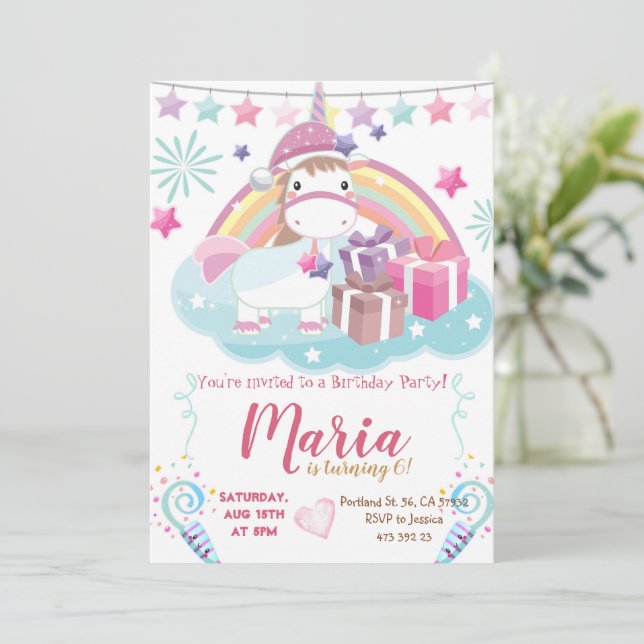 Pastel Unicorn Rainbow Kawai Invitation d'annivers (Debout devant)