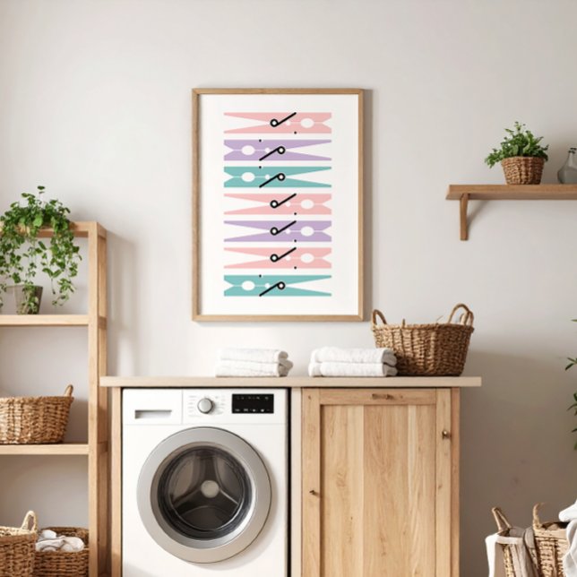 Pastel Vêtements Pins Laverie Salle d'Art Poster (pretty pastel pink, lilac and teal on white modern graphic clothes pins art for a fun laundry room)
