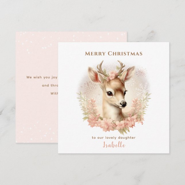 Pastel Vintage Deer Flowers Nom Carte de Noël (Devant / Derrière)
