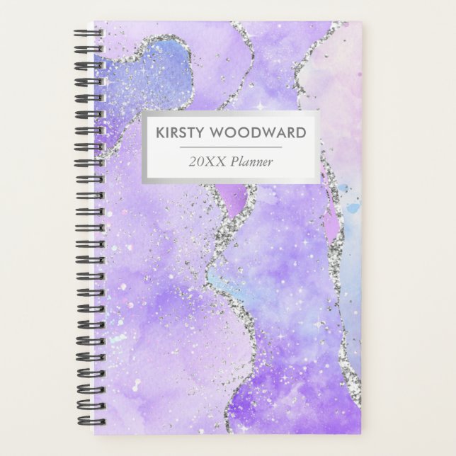 Pastel Violet & Blanc Faux Paillettes Argent Agate (Devant)
