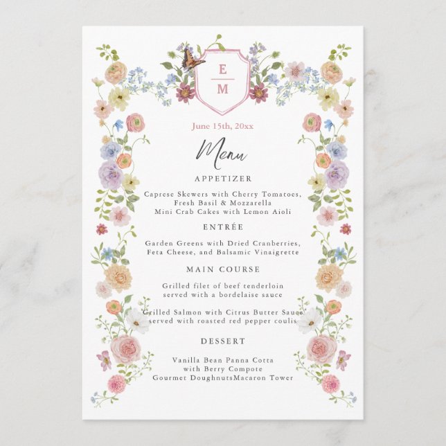 Pastel Watercolor Fleur sauvage Menu Mariage (Devant)