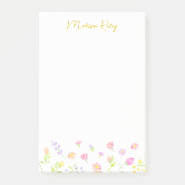 Pastel Wildflower Personalized Gold Post-It Notes (Devant)