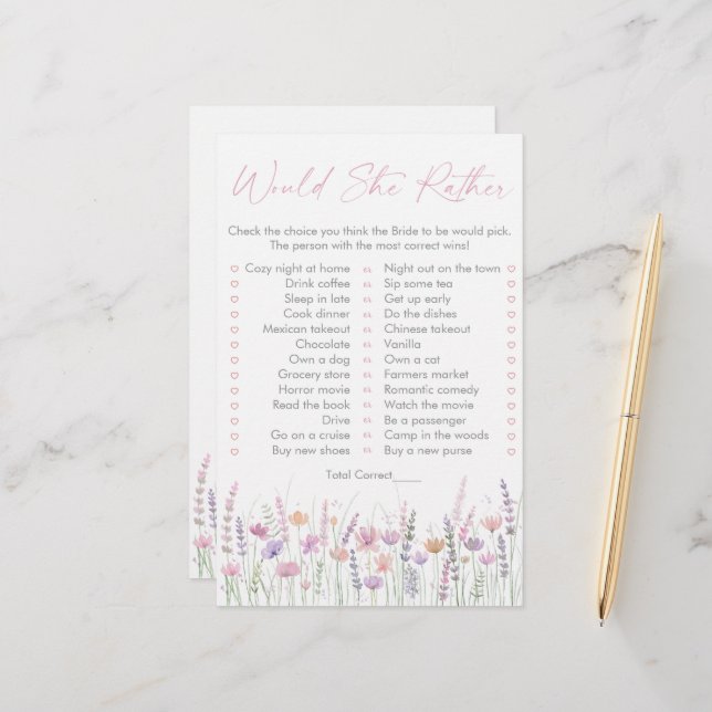 Pastel Wildflowers Would She Rather Bridal Game (Devant/Arrière en situation)