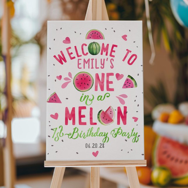 Pastèque rose, Un dans le melon signe d'accueil (pink one in a melon, girl summer 1st birthday welcome sign, birthday party decor.)