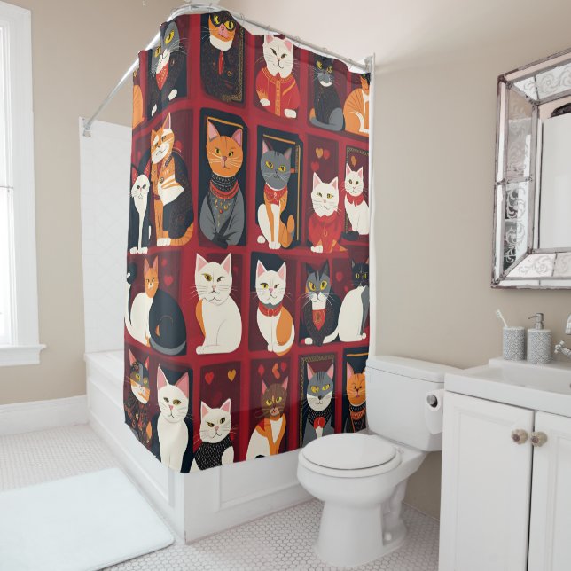 patchwork chats AI art rideau de douche (En situation)