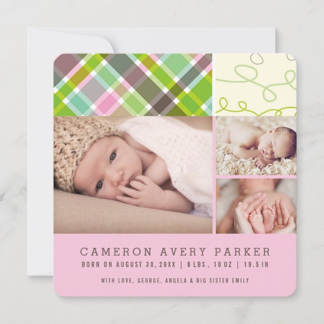 Patchwork Checks Baby Girl Faire-part de naissance (Devant)