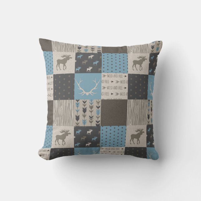 Patchwork Moose Woodland Coussin - Bleu/Tan/Brown (Recto)
