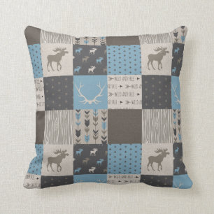 Patchwork Moose Woodland Coussin - Bleu/Tan/Brown