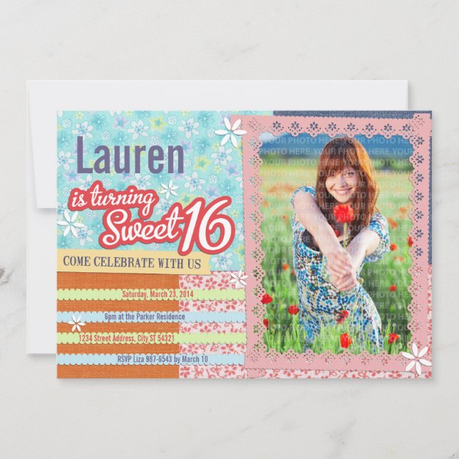 Patchwork & Pink Lace Sweet 16 Invitation photo (Devant)