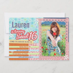 Patchwork & Pink Lace Sweet 16 Invitation photo