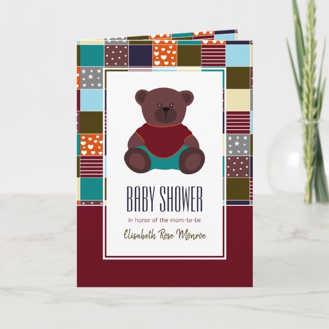 Patchwork Teddy Bear, Baby shower Invitation (Devant)