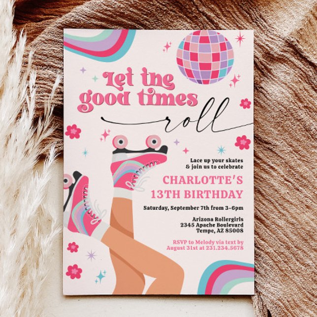 Patinage à rouleaux Invitation Anniversaire Retro  (Roller Skate Skating Retro Groovy Girl Birthday Invitations)