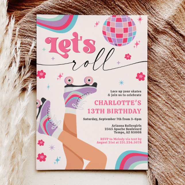 Patinage à rouleaux Invitation Anniversaire Super  (Roller Skating Birthday Invitation Retro Groovy Rainbow)