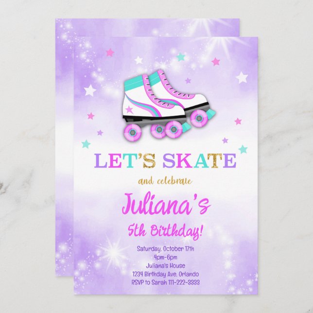 Patinage à rouleaux violet Invitation Anniversaire (Devant / Derrière)