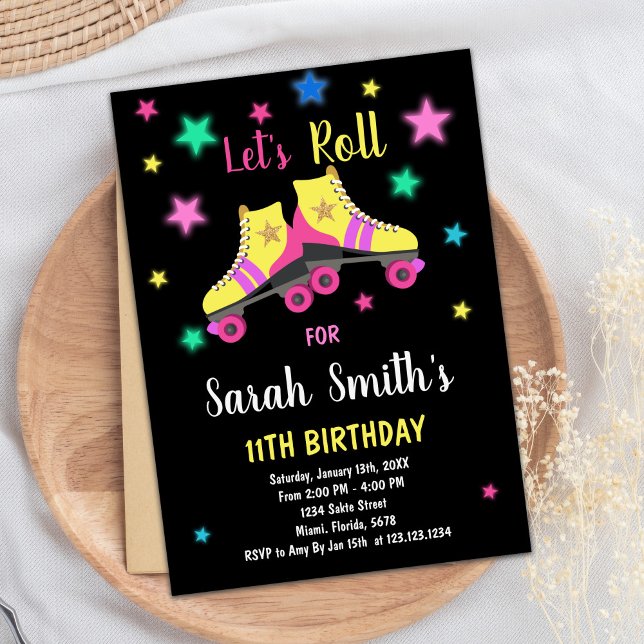 Patinage étoile Jaune Invitations Anniversaire (Yellow Neon Star Skate Birthday Invitations)