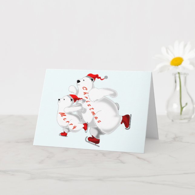 Patinage Famille Ours Carte de Noël (Petite plante)