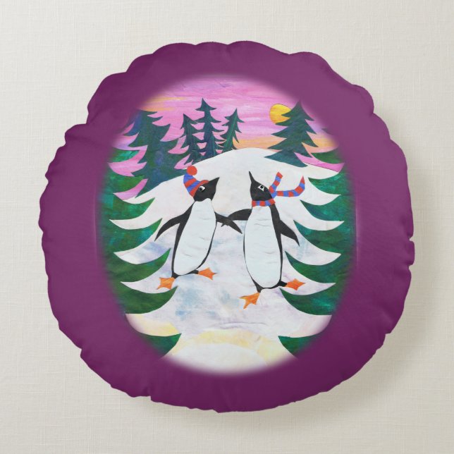 Patinage mignon pingouins Coussin rond scène neige (Devant)
