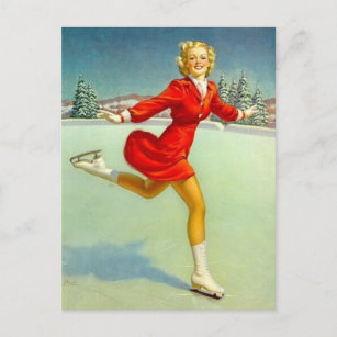Patinage sur glace fille carte postale d'art vinta