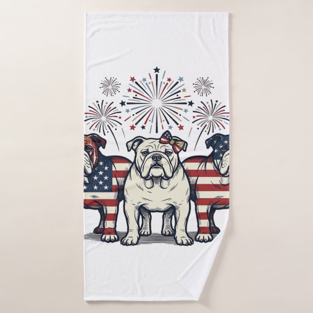 Patriotic Bulldog Fireworks Vintage Engraving Desi (Serviette de bain)