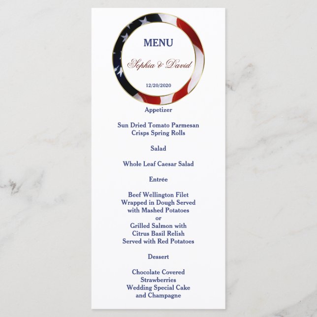 Patriotique, Elegant USA Drapeau Gold Mariage Menu (Devant)
