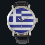 Patriotique, montre spéciale avec Drapeau de Grèce<br><div class="desc">Restez connecté au patrimoine grec avec notre montre à main distinguée avec le drapeau de la Grèce ! Cette montre sophistiquée affiche fièrement le design emblématique du drapeau grec. La sangle de montre et le cadran élégamment présentent les couleurs bleu et blanc du drapeau, avec une croix en haut à...</div>