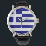Patriotique, montre spéciale avec Drapeau de Grèce<br><div class="desc">Restez connecté au patrimoine grec avec notre montre à main distinguée avec le drapeau de la Grèce ! Cette montre sophistiquée affiche fièrement le design emblématique du drapeau grec. La sangle de montre et le cadran élégamment présentent les couleurs bleu et blanc du drapeau, avec une croix en haut à...</div>