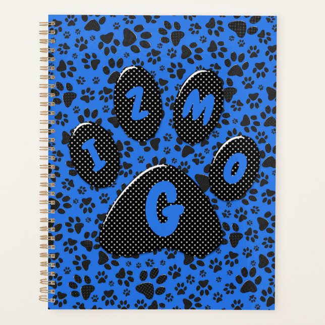 Pattes de chien noir et blanc à pois sur fond bleu (Devant)