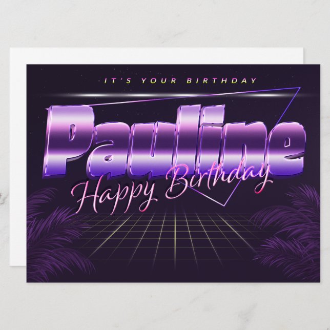 Pauline Nom Prénom carte rétro lilas Anniversaire (Devant / Derrière)