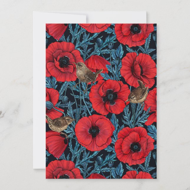 Pavot rouge et brunes, feuilles bleus sur noir (Devant)