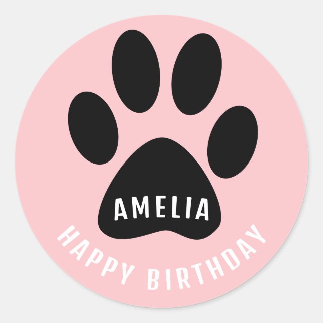 Paw Print Pink Happy Birthday Sticker with Name (Devant)