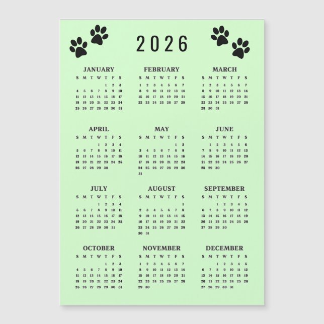 Paw Prints Design 2026 Calendar Magnetic Card (Devant)