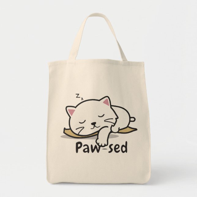 Paw-sed Cute Cat Tote – Lazy Kitty Cotton Bag (Devant)