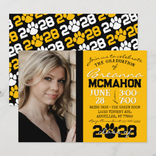 Pawprint Gold & Black Graduation Photo Invitation