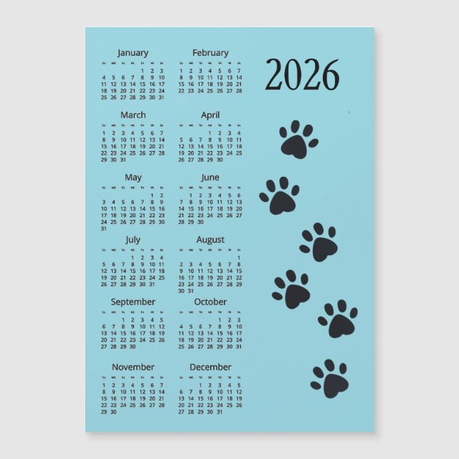 Pawprints Design 2026 Calendar Magnetic Card (Devant)